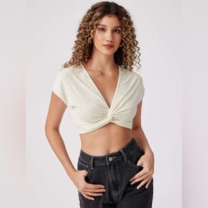 Baby Blue V-Neck Short Sleeve Ultra Mini Crop Top w/ Front Twist